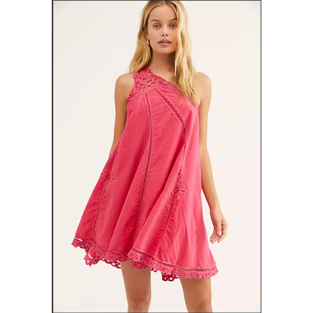 Free People Swing Dress Size Large Hot Pink One Shoulder Lace Boho Festival - Picture 2 of 15